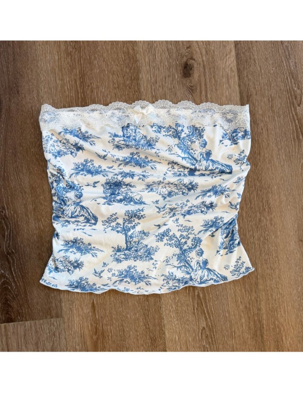 Blue and White Printed Bandeau Strapless Lace Ruched Top Size Small